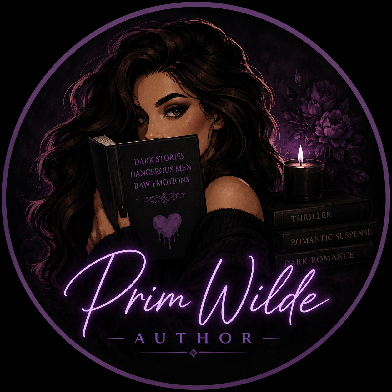 Prim Wilde's illustrated author artwork: a dark-haired woman looking over a book in violet light